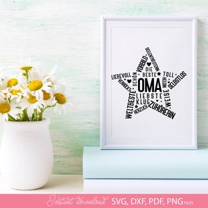 Typografisches Herz Design mit deutschen Worten rund um Oma wie beste Oma, liebevoll, Familie, Zuhörerin und Heldin. Das Motiv ist in Herzform gestaltet und eignet sich ideal für Geschenke zum Geburtstag oder besondere Anlässe. Perfekt für kreative DIY Projekte wie T Shirts, Dekorationen oder persönliche Überraschungen. Die moderne Schriftgestaltung kombiniert emotionale Begriffe und macht dieses Design zu einer liebevollen Hommage an die Großmutter.