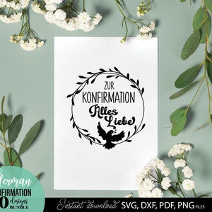 Konfirmation SVG Bundle mit christlichen Symbolen wie Taube, Kreuz, Herz und inspirierenden Sprüchen wie „Einladung zur Konfirmation“, „Herzlichen Glückwunsch“ und „Alles Liebe“. Stilvolle und moderne Designs ideal für Karten, Einladungen, Deko oder personalisierte Geschenke. Perfekt geeignet für DIY Projekte rund um Kirche, Glauben und besondere religiöse Anlässe wie Konfirmation.