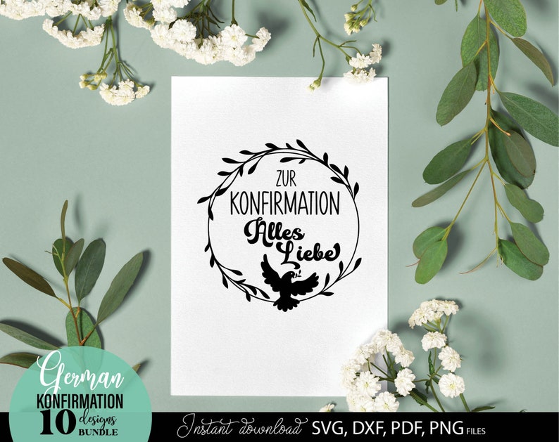 Konfirmation SVG Bundle mit christlichen Symbolen wie Taube, Kreuz, Herz und inspirierenden Sprüchen wie „Einladung zur Konfirmation“, „Herzlichen Glückwunsch“ und „Alles Liebe“. Stilvolle und moderne Designs ideal für Karten, Einladungen, Deko oder personalisierte Geschenke. Perfekt geeignet für DIY Projekte rund um Kirche, Glauben und besondere religiöse Anlässe wie Konfirmation.