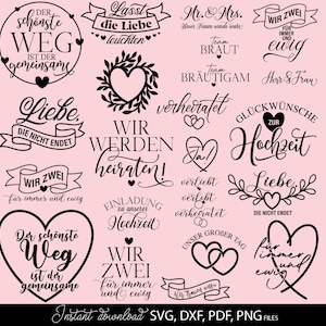 Fichier de traceur de signes de mariage allemand Svg Dxf Png | Liebe cite allemand traceur fichier Svg Png Dxf | Hochzeit Verliebt Verlobt Verheiratet allemand
