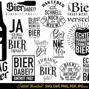 Könnte beinhalten: Eine Sammlung von schwarz-weißen Grafiken zum Thema Bier mit verschiedenen Textdesigns. Die Designs enthalten Sätze wie "Ich liebe Bier", "Bier ist die Antwort" und "Echte Männer trinken Bier". Das Bild enthält auch eine Bierflasche und eine Dose.