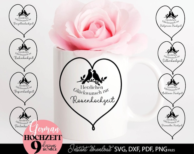 Set aus neun eleganten Herz Designs mit Vögel Motiv und Schriftzug „Herzlichen Glückwunsch zur Hochzeit“ für verschiedene Hochzeitsjubiläen wie Papierhochzeit, Silberhochzeit, Goldene Hochzeit, Diamanten Hochzeit und mehr. Die romantischen Motive eignen sich ideal für Geschenke, Karten, Kissen, Wanddeko und kreative DIY Projekte. Klare Linien, moderne Typografie und liebevolle Details machen diese Designs perfekt für Paare und besondere Jubiläumsanlässe im deutschsprachigen Raum.