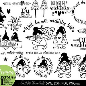 German Christmas Wichtelig SVG Bundle, Du bist mir wichtelig, Lustige Weihnachtsgnome Plotterdatei, 21 Designs, Kerzen, Kissen, Geschenke