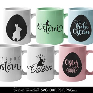Easter SVG bundle featuring decorative German quotes and playful bunny themed designs in clean black line style. The set includes phrases like Frohe Ostern, Oster Grüße and Hasi, combined with rabbit silhouettes, bunny ears, Easter eggs, floral wreaths and spring elements. Typography varies from modern script to bold lettering, suitable for seasonal crafts. Ideal for Easter decorations, greeting cards, t-shirts, mugs, kids projects and Cricut or cutting machine use with a charming festive spring