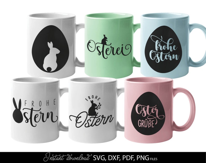 Easter SVG bundle featuring decorative German quotes and playful bunny themed designs in clean black line style. The set includes phrases like Frohe Ostern, Oster Grüße and Hasi, combined with rabbit silhouettes, bunny ears, Easter eggs, floral wreaths and spring elements. Typography varies from modern script to bold lettering, suitable for seasonal crafts. Ideal for Easter decorations, greeting cards, t-shirts, mugs, kids projects and Cricut or cutting machine use with a charming festive spring