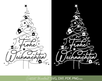 Könnte beinhalten: Ein schwarz-weißes Weihnachtsbaumdesign mit den Worten "Frohe Weihnachten" in Schreibschrift. Der Baum besteht aus wirbelnden Linien, Sternen und kleinen Hausillustrationen. Der Text "Instant download SVG, DXF, PDF, PNG FILES" steht unten.