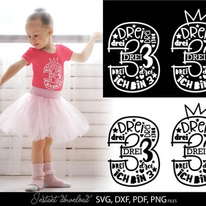 German kids birthday SVG bundle featuring numbers 1 to 9 with phrases like Ich bin 1, Ich bin 2, Ich bin 3 up to Ich bin 9 in decorative typography styles. Includes playful number designs filled with words and crown elements for children birthday themes. Perfect for kids birthday shirts, party outfits, custom clothing, mugs and DIY Cricut or Silhouette projects to create personalized birthday gifts and celebration designs for toddlers and young children.