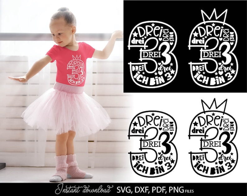 German kids birthday SVG bundle featuring numbers 1 to 9 with phrases like Ich bin 1, Ich bin 2, Ich bin 3 up to Ich bin 9 in decorative typography styles. Includes playful number designs filled with words and crown elements for children birthday themes. Perfect for kids birthday shirts, party outfits, custom clothing, mugs and DIY Cricut or Silhouette projects to create personalized birthday gifts and celebration designs for toddlers and young children.