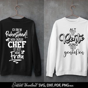 Kreatives Rentner SVG Bundle mit deutschen Sprüchen rund um Ruhestand, Rente und humorvolle Lebensweisheiten. Enthält moderne Typografie Designs wie „Ich bin im Ruhestand“, „Vollzeit Opa“, „Alt genug für die Rente“ sowie dekorative Schriftzüge für Männer und Frauen. Ideal für DIY Projekte wie T-Shirts, Tassen, Geschenke zum Renteneintritt oder personalisierte Dekoration. Perfekt geeignet für Plotterarbeiten mit stilvollen und lustigen Designs für den neuen Lebensabschnitt.