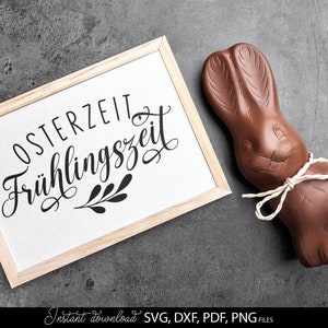 Easter SVG bundle featuring decorative German quotes and playful bunny themed designs in clean black line style. The set includes phrases like Frohe Ostern, Oster Grüße and Hasi, combined with rabbit silhouettes, bunny ears, Easter eggs, floral wreaths and spring elements. Typography varies from modern script to bold lettering, suitable for seasonal crafts. Ideal for Easter decorations, greeting cards, t-shirts, mugs, kids projects and Cricut or cutting machine use with a charming festive spring