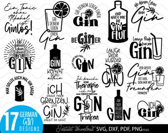 Grappige Gin SVG-bundel met Duitse alcoholcitaten, cocktailflesglastypografie, bardecoratie