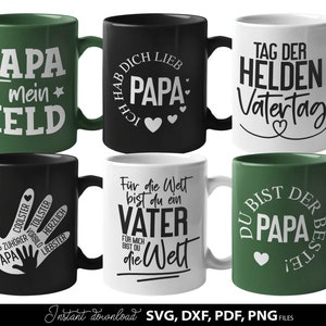 Papa SVG Bundle mit deutschen Sprüchen wie „Bester Papa“, „Coolster Papa“, „Papa ist mein Held“ und „Vatertag – Tag der Helden“. Enthält liebevolle und humorvolle Designs für Väter mit moderner Typografie und dekorativen Elementen. Perfekt geeignet für DIY Projekte wie T-Shirts, Tassen oder Geschenke zum Vatertag, Geburtstag oder als persönliche Überraschung für Papa.
