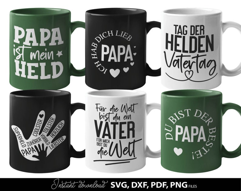 Papa SVG Bundle mit deutschen Sprüchen wie „Bester Papa“, „Coolster Papa“, „Papa ist mein Held“ und „Vatertag – Tag der Helden“. Enthält liebevolle und humorvolle Designs für Väter mit moderner Typografie und dekorativen Elementen. Perfekt geeignet für DIY Projekte wie T-Shirts, Tassen oder Geschenke zum Vatertag, Geburtstag oder als persönliche Überraschung für Papa.