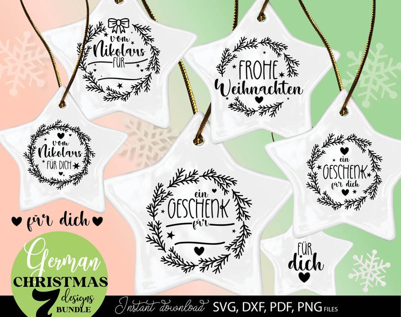 Sammlung aus sieben personalisierbaren Weihnachtsdesigns mit Tannenkränzen, Nikolaus Grüßen, Geschenkanhängern und festlichen Weihnachtsbotschaften. Die Motive zeigen dekorative Kränze aus Tannenzweigen, Herzen, Sterne, Schleifen und klassische Schriftzüge wie „Vom Nikolaus für dich“, „Ein Geschenk für dich“ und „Frohe Weihnachten“. Die elegante schwarzweiße Gestaltung verbindet moderne Handlettering Elemente mit traditioneller Weihnachtsoptik und eignet sich für Geschenke, Verpackungen.