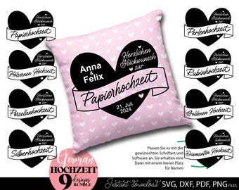 Hochzeit Jubiläum SVG Bundle, personalisiert Herz Geschenk Papierhochzeit Silberhochzeit Goldene Hochzeit Plotter Datei PNG