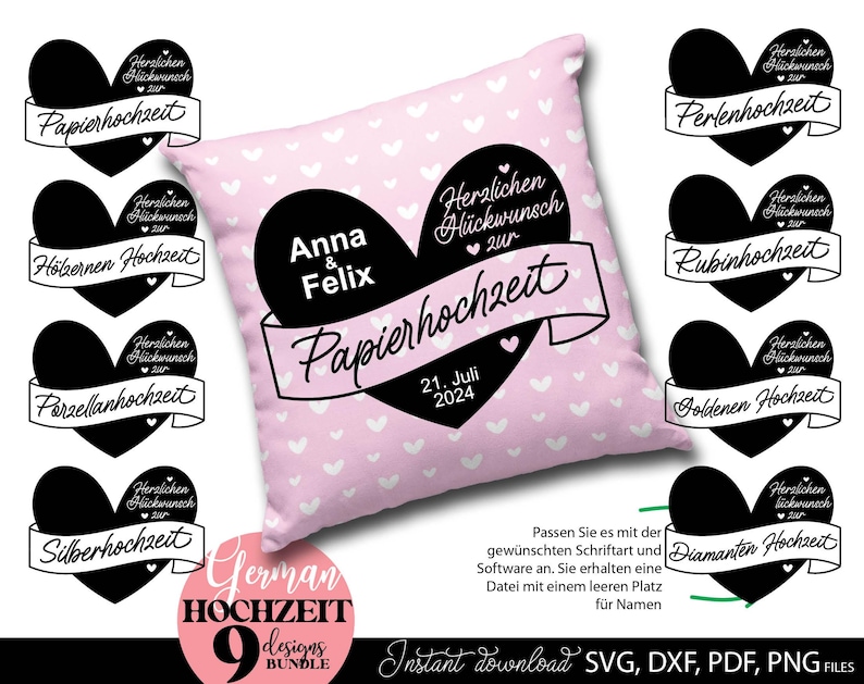Set aus neun personalisierbaren Hochzeitsjubiläum Designs mit Herzmotiv und Schriftzug „Herzlichen Glückwunsch zur Hochzeit“. Enthält verschiedene Jubiläen wie Papierhochzeit, Silberhochzeit, Goldene Hochzeit, Diamanten Hochzeit, Rubinhochzeit und mehr. Modernes Design geeignet für Kissen, Poster, Geschenke und DIY Projekte. Die Vorlage bietet Platz für Namen und Datum und ist ideal als persönliches Geschenk für Paare im deutschsprachigen Raum.