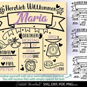 Puede incluir: Un diseño de anuncio de nacimiento imprimible en blanco y negro con el texto "Herzlich Willkommen Maria" y "Geboren: Montag 21 07 2024 13:45 Uhr" y "3952 g" y "53 cm". El diseño también incluye una cigüeña, una báscula, un reloj y una cinta métrica.