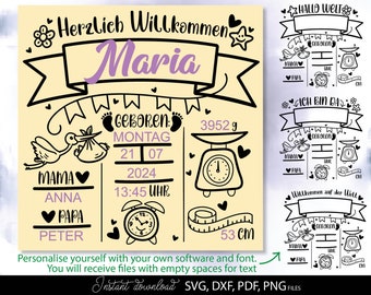 Paquete SVG de Baby Geburt, nombre del póster Geburtsdaten Plotter Datei, Personalisiert Geschenk Geburt Deko