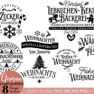 Könnte beinhalten: Eine Sammlung von acht deutschen Designs zum Thema Weihnachten in Schwarz und Weiß. Die Designs enthalten Texte wie "Zucker Stangen", "Lebkuchen-Kekse Bäckerei" und "Frohe Weihnachten" sowie festliche Illustrationen.