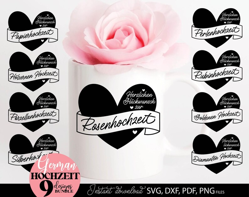 Set aus neun personalisierbaren Hochzeitsjubiläum Designs mit Herzmotiv und Schriftzug „Herzlichen Glückwunsch zur Hochzeit“. Enthält verschiedene Jubiläen wie Papierhochzeit, Silberhochzeit, Goldene Hochzeit, Diamanten Hochzeit, Rubinhochzeit und mehr. Modernes Design geeignet für Kissen, Poster, Geschenke und DIY Projekte. Die Vorlage bietet Platz für Namen und Datum und ist ideal als persönliches Geschenk für Paare im deutschsprachigen Raum.
