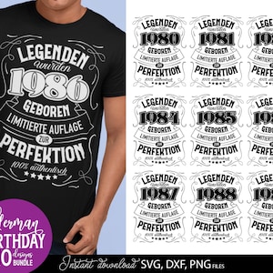Vorschaubild eines personalisierten deutschen Geburtstag SVG Bundles mit Vintage Typografie Designs für Männer der Jahrgänge 1980 bis 1989. Die Motive enthalten auffällige deutsche Schriftzüge mit humorvollen Aussagen über limitierte Auflage und Perfektion. Links trägt ein Mann ein schwarzes T Shirt mit dem 1984 Design, rechts sind weitere Geburtstagsmotive dargestellt. Enthalten sind SVG, DXF und PNG Dateien für Cricut, Sublimation, personalisierte Geschenke, Shirts, Tassen und DIY Projekte.