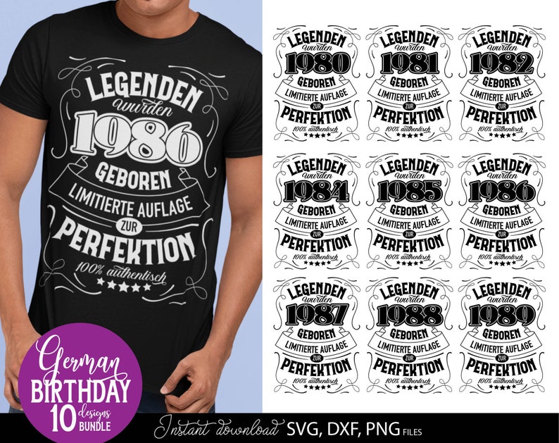 Vorschaubild eines personalisierten deutschen Geburtstag SVG Bundles mit Vintage Typografie Designs für Männer der Jahrgänge 1980 bis 1989. Die Motive enthalten auffällige deutsche Schriftzüge mit humorvollen Aussagen über limitierte Auflage und Perfektion. Links trägt ein Mann ein schwarzes T Shirt mit dem 1984 Design, rechts sind weitere Geburtstagsmotive dargestellt. Enthalten sind SVG, DXF und PNG Dateien für Cricut, Sublimation, personalisierte Geschenke, Shirts, Tassen und DIY Projekte.