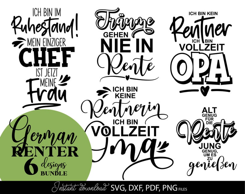 Kreatives Rentner SVG Bundle mit deutschen Sprüchen rund um Ruhestand, Rente und humorvolle Lebensweisheiten. Enthält moderne Typografie Designs wie „Ich bin im Ruhestand“, „Vollzeit Opa“, „Alt genug für die Rente“ sowie dekorative Schriftzüge für Männer und Frauen. Ideal für DIY Projekte wie T-Shirts, Tassen, Geschenke zum Renteneintritt oder personalisierte Dekoration. Perfekt geeignet für Plotterarbeiten mit stilvollen und lustigen Designs für den neuen Lebensabschnitt.