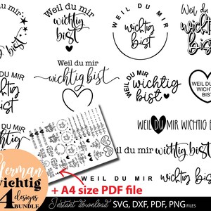 May include: A collection of 14 German "wichtig bist" designs in various styles, including circular and heart-shaped arrangements. The designs are in black and white, with the text "Weil du mir wichtig bist". Includes an A4 size PDF file.