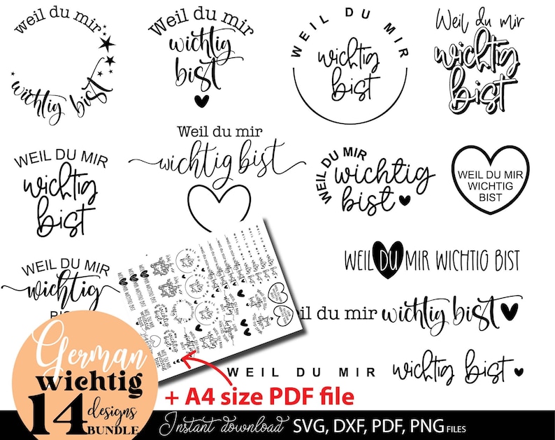 Set aus liebevollen deutschen Schriftzügen mit dem Spruch „Weil du mir wichtig bist“ in verschiedenen stilvollen Varianten. Moderne handgeschriebene Typografie kombiniert mit Herzen, Kreisen und dekorativen Elementen im minimalistischen Schwarz-Weiß Design. Die Motive wirken emotional, warm und persönlich. Perfekt geeignet für DIY Projekte wie Geschenkideen, Tassen, Karten, Poster oder Wanddeko. Ideal, um Wertschätzung, Liebe und besondere Gefühle kreativ auszudrücken.