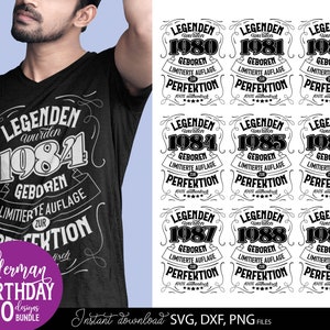 Preview image featuring a personalized German birthday SVG bundle with vintage typography designs for men born between 1980 and 1989. The artwork includes bold retro lettering in German with phrases celebrating limited edition perfection birthdays. A man wearing a black t-shirt with the 1984 design is displayed beside multiple matching birthday templates. The bundle contains SVG, DXF and PNG files suitable for Cricut, Silhouette, sublimation printing, birthday gifts, custom shirts, mugs.
