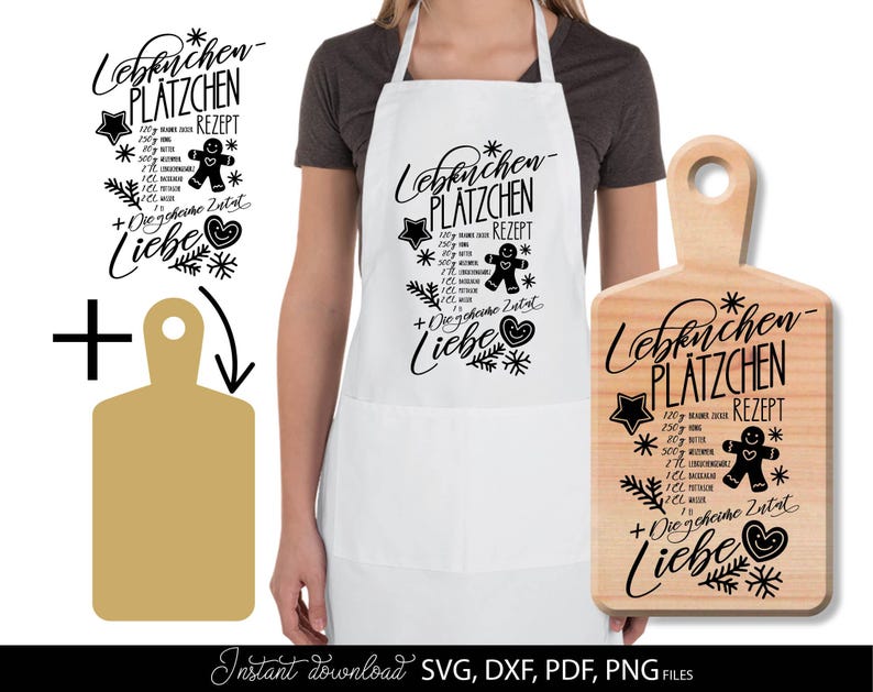 Detailliertes Weihnachtsdesign „Lebkuchen-Plätzchen Rezept“ als digitale Datei für kreative DIY-Projekte. Perfekt für Schürzen, Schneidebretter, Tassen oder Weihnachtsgeschenke. Enthält schöne Schriftzüge, Sterne, Herzen und den Spruch „Die geheime Zutat ist Liebe“. Ideal für Cricut, Silhouette und Sublimation.