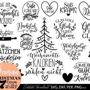 Großes Weihnachts SVG Bundle mit stilisierten Backmotiven, festlichen Sprüchen und modernen Weihnachtsbäckerei Designs in eleganter handgeschriebener Typografie. Enthalten sind kreative deutsche Texte wie „Glas voll Glück und Kalorien“, „Aus der Weihnachts Bäckerei“, „Plätzchenzeit“, „Süße Grüße“ und „Weihnachts Kalorien zählen nicht“. Die winterlichen Designs mit Keksen, Backrollen, Sternen und Weihnachtsbäumen eignen sich für personalisierte Geschenkgläser, Backmischungen, Keksdosen, Küchen.