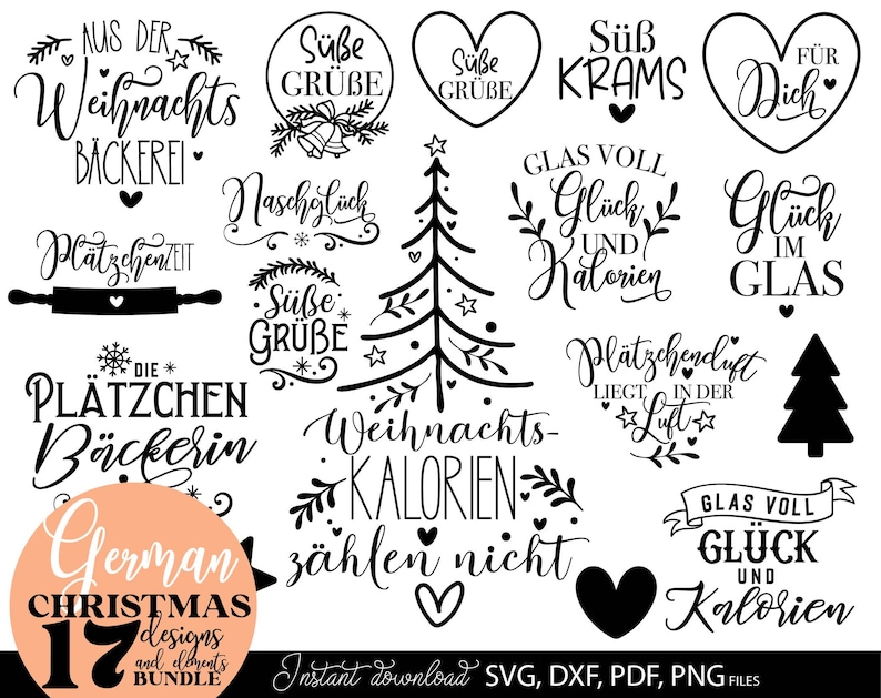 Großes Weihnachts SVG Bundle mit stilisierten Backmotiven, festlichen Sprüchen und modernen Weihnachtsbäckerei Designs in eleganter handgeschriebener Typografie. Enthalten sind kreative deutsche Texte wie „Glas voll Glück und Kalorien“, „Aus der Weihnachts Bäckerei“, „Plätzchenzeit“, „Süße Grüße“ und „Weihnachts Kalorien zählen nicht“. Die winterlichen Designs mit Keksen, Backrollen, Sternen und Weihnachtsbäumen eignen sich für personalisierte Geschenkgläser, Backmischungen, Keksdosen, Küchen.