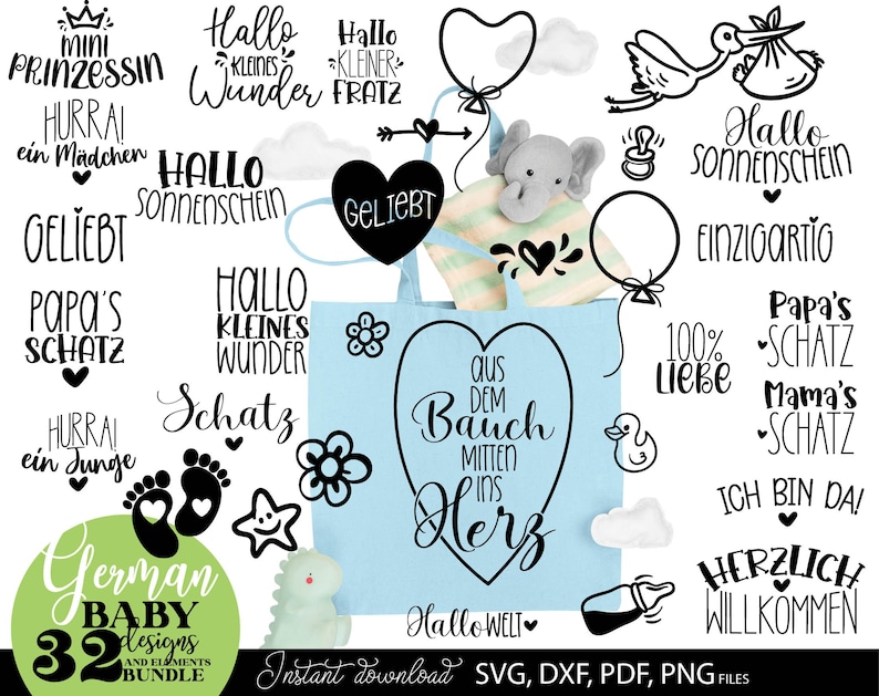Großes Baby SVG Bundle mit liebevollen deutschen Sprüchen und niedlichen Illustrationen für Neugeborene und Familienmomente. Enthält Designs wie „Hallo Sonnenschein“, „Mama’s Schatz“, „Papa’s Schatz“, Herzen, Babyfüße, Storch und Ballons in moderner Typografie. Perfekt geeignet für DIY Projekte wie Baby Bodys, T-Shirts, Geschenke zur Geburt, Dekoration oder personalisierte Erinnerungsstücke. Ideal für kreative Plotterarbeiten mit emotionalem und familienfreundlichem Stil.