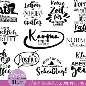 Humorvolles SVG Bundle mit deutschen lustigen Sprüchen und kreativen Typografie Designs für Alltag und gute Laune. Enthält witzige Aussagen wie „Ich bin nicht faul“, „Morgens erst Kaffee“, „Karma regelt das schon“ sowie moderne Schriftzüge mit verspielten Elementen. Perfekt geeignet für DIY Projekte wie Tassen, T-Shirts, Geschenke oder personalisierte Dekoration. Ideal für Plotterarbeiten mit humorvollen, frechen und unterhaltsamen Designs.