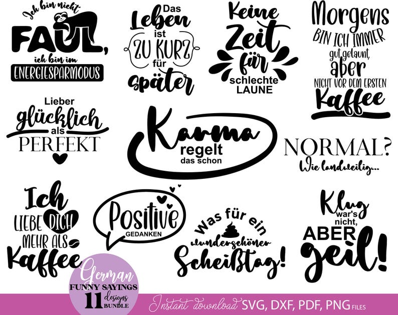 Humorvolles SVG Bundle mit deutschen lustigen Sprüchen und kreativen Typografie Designs für Alltag und gute Laune. Enthält witzige Aussagen wie „Ich bin nicht faul“, „Morgens erst Kaffee“, „Karma regelt das schon“ sowie moderne Schriftzüge mit verspielten Elementen. Perfekt geeignet für DIY Projekte wie Tassen, T-Shirts, Geschenke oder personalisierte Dekoration. Ideal für Plotterarbeiten mit humorvollen, frechen und unterhaltsamen Designs.