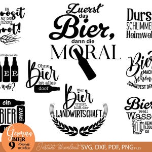Può includere: Una collezione di nove disegni tedeschi a tema birra in bianco e nero. Ogni disegno presenta una frase o un detto diverso sulla birra, come "La birra rende bella la giornata" e "Senza birra, tutto è stupido."