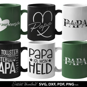 Papa SVG Bundle mit deutschen Sprüchen wie „Bester Papa“, „Coolster Papa“, „Papa ist mein Held“ und „Vatertag – Tag der Helden“. Enthält liebevolle und humorvolle Designs für Väter mit moderner Typografie und dekorativen Elementen. Perfekt geeignet für DIY Projekte wie T-Shirts, Tassen oder Geschenke zum Vatertag, Geburtstag oder als persönliche Überraschung für Papa.