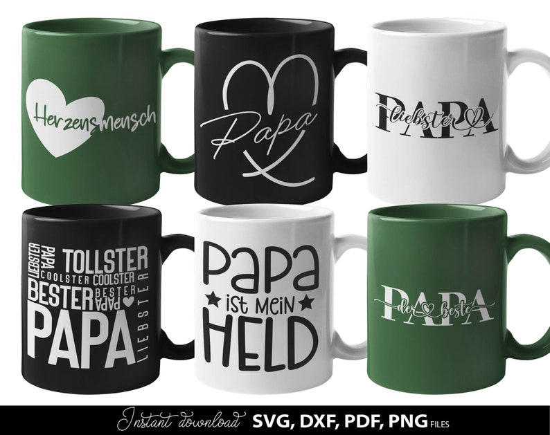 Papa SVG Bundle mit deutschen Sprüchen wie „Bester Papa“, „Coolster Papa“, „Papa ist mein Held“ und „Vatertag – Tag der Helden“. Enthält liebevolle und humorvolle Designs für Väter mit moderner Typografie und dekorativen Elementen. Perfekt geeignet für DIY Projekte wie T-Shirts, Tassen oder Geschenke zum Vatertag, Geburtstag oder als persönliche Überraschung für Papa.