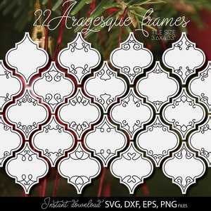 May include: Set of 22 black and white Aragesque frames, each with a unique design. The frames are 3.6 inches by 4.33 inches and are perfect for adding a touch of elegance to your projects. Instant download includes SVG, DXF, EPS, and PNG files.