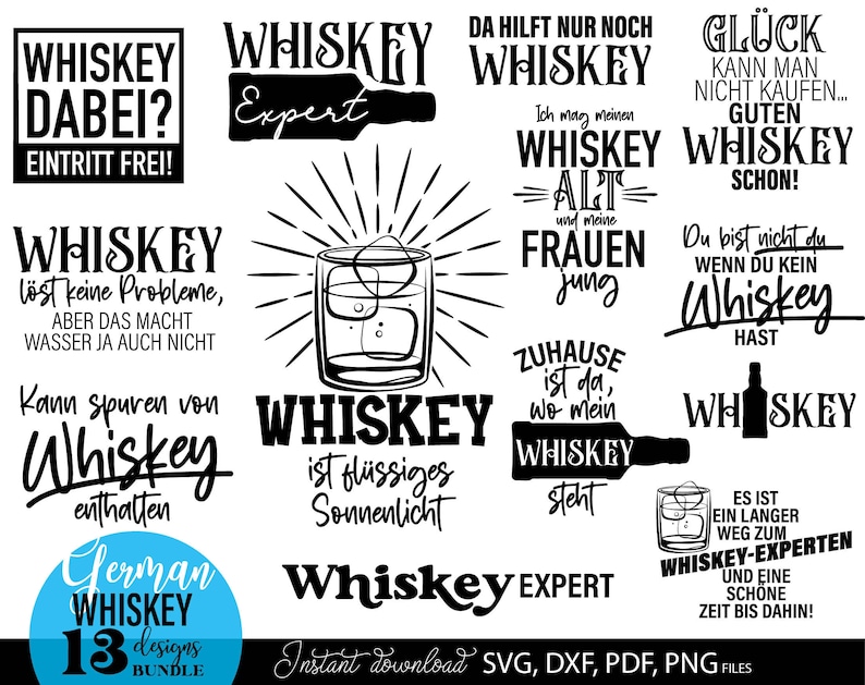 Whiskey SVG Bundle mit 13 humorvollen Spruch Designs rund um Whiskey Genuss und Lifestyle. Moderne Typografie kombiniert mit Gläsern, Flaschen und dekorativen Elementen verleiht jedem Motiv einen stilvollen und witzigen Charakter. Schwarz weiß Design sorgt für vielseitige Einsatzmöglichkeiten auf T Shirts, Hoodies, Bar Dekorationen und Geschenken. Perfekt für Whiskey Fans, Männergeschenke und kreative DIY Projekte mit Plotter oder Druck.