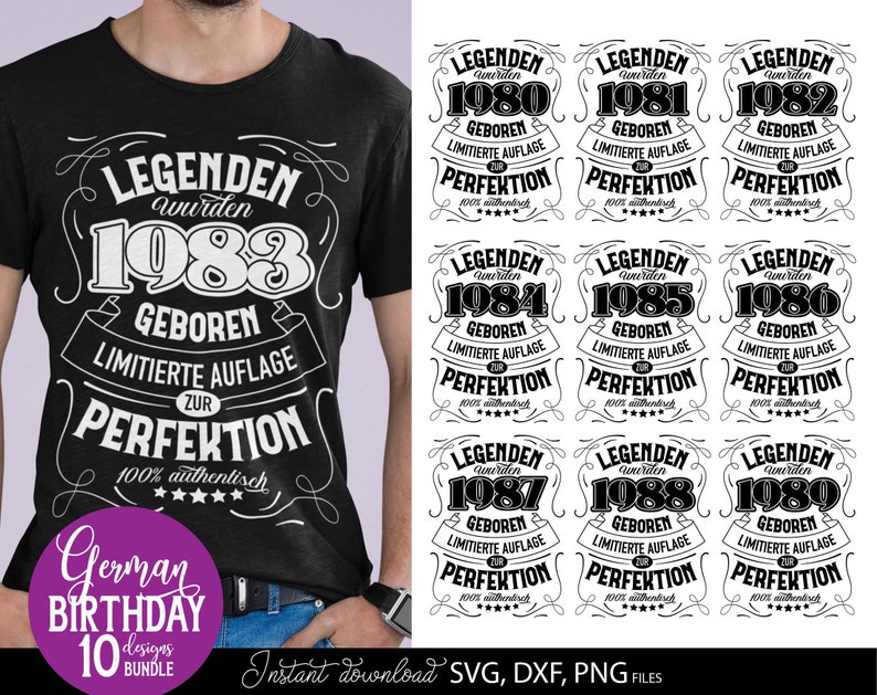 Vorschaubild eines personalisierten deutschen Geburtstag SVG Bundles mit Vintage Typografie Designs für Männer der Jahrgänge 1980 bis 1989. Die Motive enthalten auffällige deutsche Schriftzüge mit humorvollen Aussagen über limitierte Auflage und Perfektion. Links trägt ein Mann ein schwarzes T Shirt mit dem 1984 Design, rechts sind weitere Geburtstagsmotive dargestellt. Enthalten sind SVG, DXF und PNG Dateien für Cricut, Sublimation, personalisierte Geschenke, Shirts, Tassen und DIY Projekte.