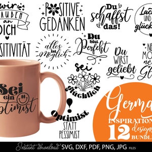 Archivo de trazado de citas positivas en alemán SVG PNG DXF Paquete de trazado de frases inspiradoras en alemán Paquete de trazado de citas motivacionales