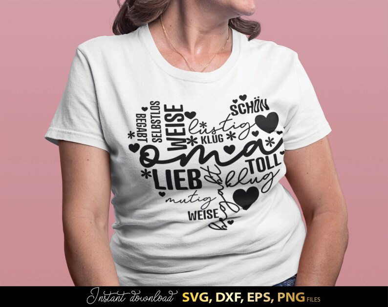 Typografie SVG Design für Oma mit liebevollen deutschen Worten wie Oma, lieb, klug, mutig, weise, lustig und toll in dekorativer Schrift kombiniert mit Herzen und floralen Elementen. Harmonisches Layout als Geschenkidee für Großmutter geeignet für DIY Projekte wie Tassen, Kissen, Wanddeko oder personalisierte Geschenke. Perfekt als Plotter Datei zur Erstellung von emotionalen Designs für Familie und besondere Anlässe wie Geburtstag oder Muttertag.