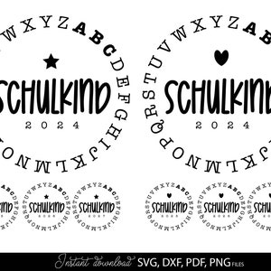 May include: A black and white digital design with the word "SCHULKIND" in a circular arrangement, with the year "2024". The design includes a star or heart symbol and an alphabet border. Additional designs show the years 2025, 2026, and 2027.