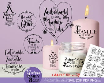 Familien Sprüche Bundle SVG PNG mit Liebe Zuhause Glück, Zusammenhalt Typografie für Wanddeko