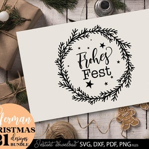 Eine festliche Grußkarte mit dem Spruch „Frohes Fest“ in einem schönen Kranzdesign. Dieses Motiv ist ideal, um persönliche Weihnachtsgrüße stilvoll zu übermitteln. Die detailreiche Gestaltung mit Sternen und Zweigen verleiht der Karte eine warme, festliche Stimmung. Perfekt für DIY-Projekte, Scrapbooking, Einladungskarten oder als Geschenkbeilage. Dieses Design schafft sofort eine liebevolle Weihnachtsatmosphäre.