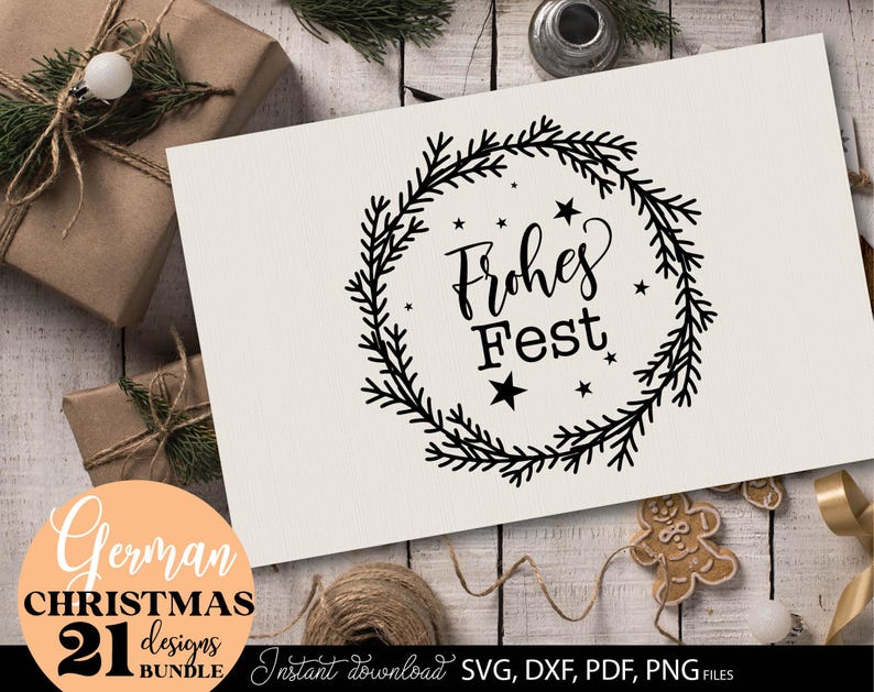 Eine festliche Grußkarte mit dem Spruch „Frohes Fest“ in einem schönen Kranzdesign. Dieses Motiv ist ideal, um persönliche Weihnachtsgrüße stilvoll zu übermitteln. Die detailreiche Gestaltung mit Sternen und Zweigen verleiht der Karte eine warme, festliche Stimmung. Perfekt für DIY-Projekte, Scrapbooking, Einladungskarten oder als Geschenkbeilage. Dieses Design schafft sofort eine liebevolle Weihnachtsatmosphäre.