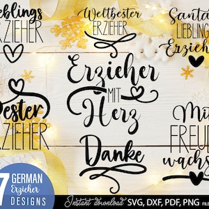 Erzieher SVG Bundle mit liebevollen deutschen Sprüchen wie „Bester Erzieher“, „Erzieher mit Herz“ und „Mit Freude wachsen“. Elegante und moderne Schriftzüge mit Herz-Elementen, ideal als Dankeschön für Erzieher im Kindergarten oder in der Kita. Perfekt geeignet für DIY Projekte wie Tassen, Shirts oder personalisierte Geschenke für Abschied, Weihnachten oder Wertschätzung im pädagogischen Bereich.