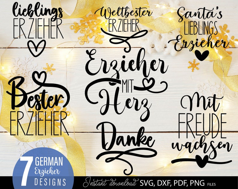 Erzieher SVG Bundle mit liebevollen deutschen Sprüchen wie „Bester Erzieher“, „Erzieher mit Herz“ und „Mit Freude wachsen“. Elegante und moderne Schriftzüge mit Herz-Elementen, ideal als Dankeschön für Erzieher im Kindergarten oder in der Kita. Perfekt geeignet für DIY Projekte wie Tassen, Shirts oder personalisierte Geschenke für Abschied, Weihnachten oder Wertschätzung im pädagogischen Bereich.